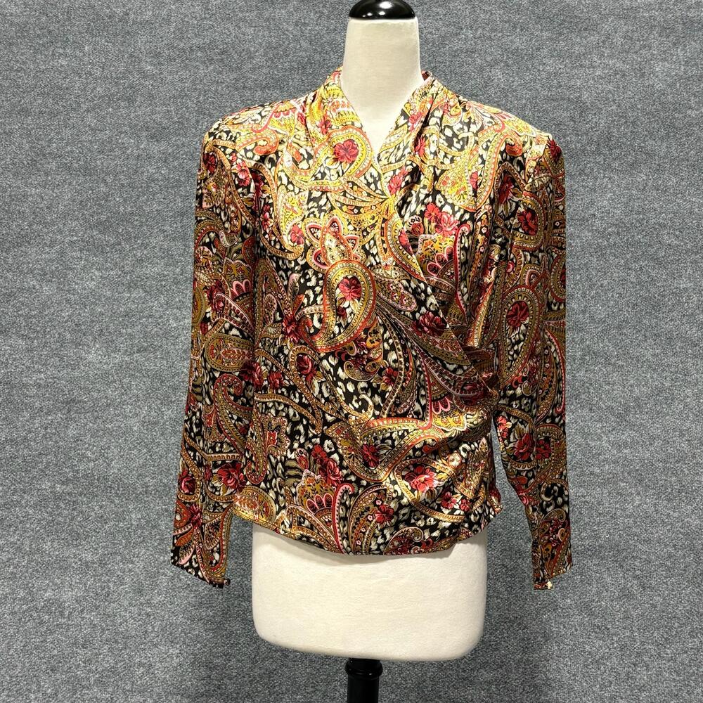 Anne Klein Blouse Womens 14 Multicolor Paisley Satin V Neck Side Zip Top